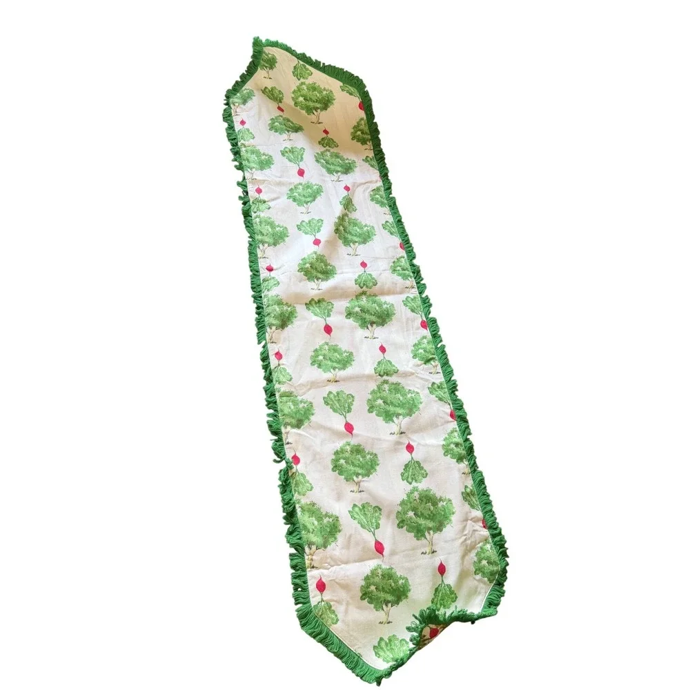Nishat Botanical‎ Table Runner Radish Fern Green Fringe Reversible 56x14 Boho